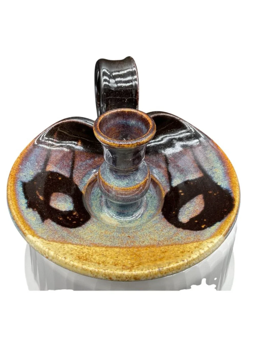 Handmade Ceramic Chamberstick Candle Holder Multicolor Glaze Curve Handle Signed